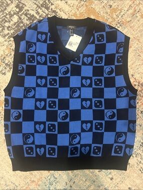 Men's Checker Knit V-Neck Sweater Vest - Blue/Black